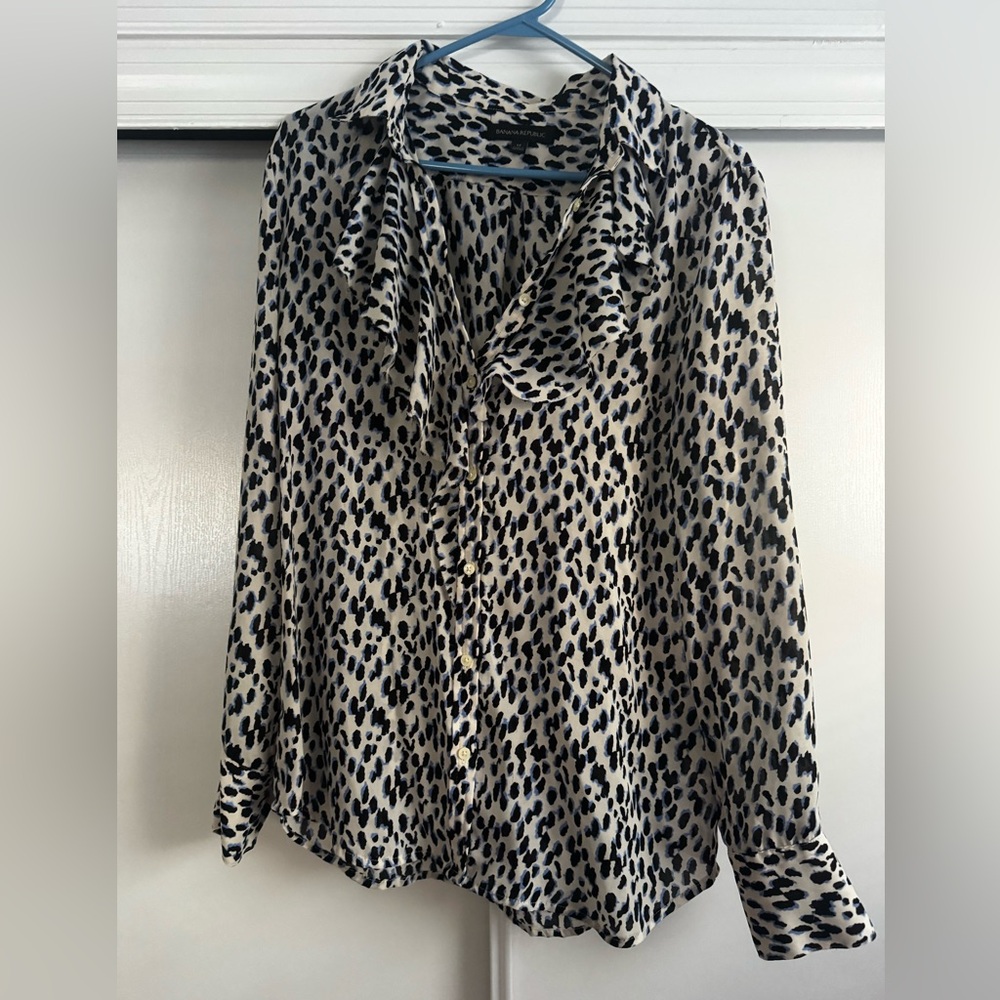 Banana Republic Animal Print Ruffle Collar Blouse - Black & Cream